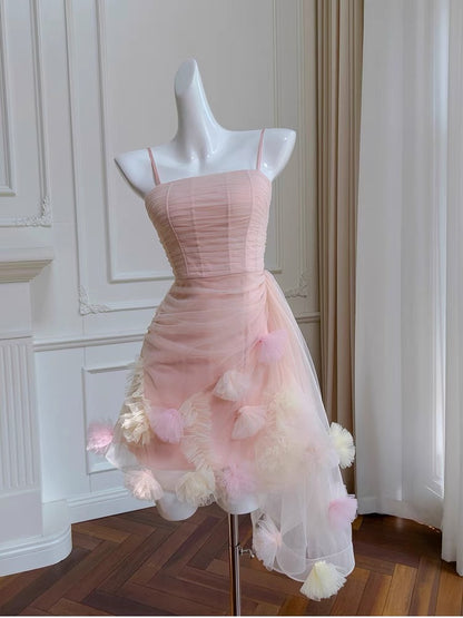 Cute Sheath Spaghetti Straps Pink Short Tulle Homecoming Dresses Cocktail Dress C1840