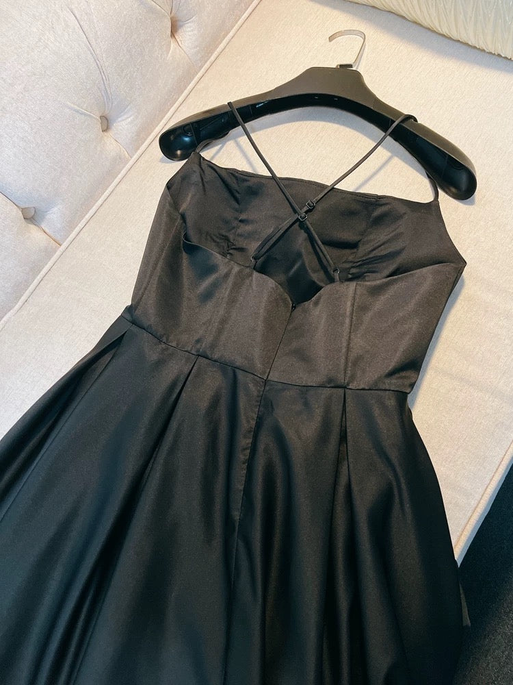 Simple A line Straps Black Satin Long Prom Dresses Simple Party Dress C1841