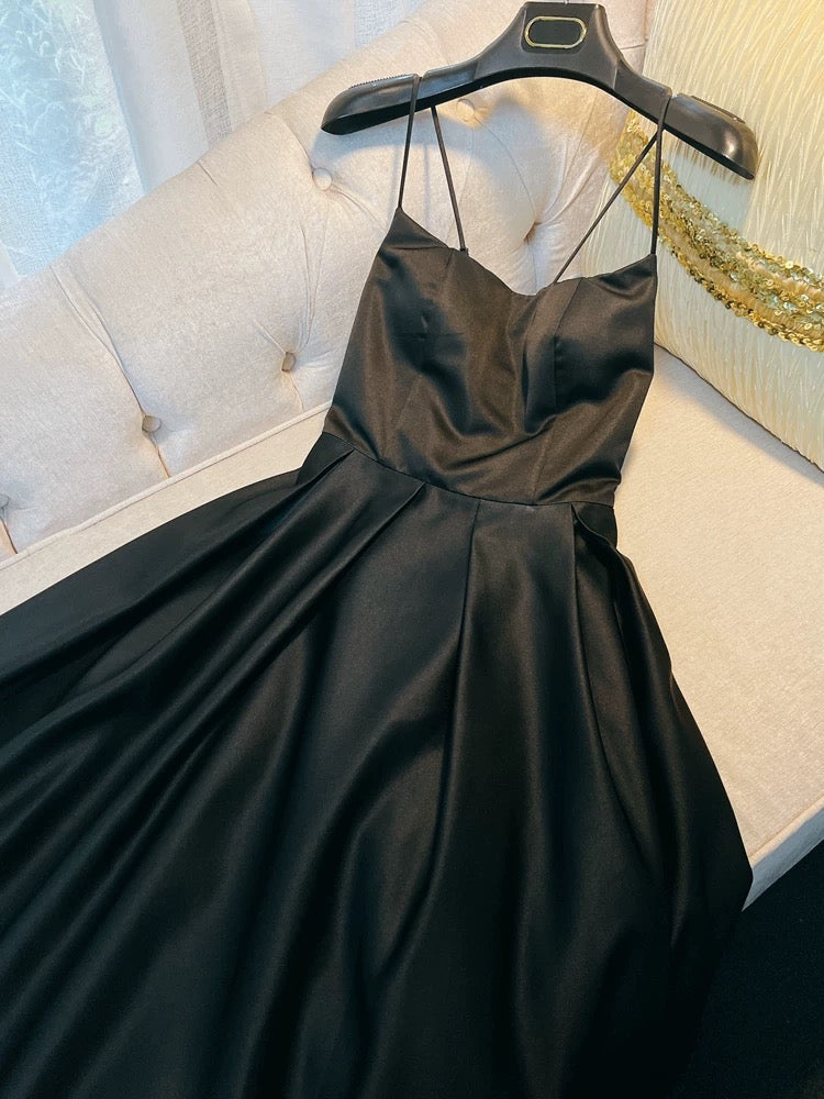 Simple A line Straps Black Satin Long Prom Dresses Simple Party Dress C1841