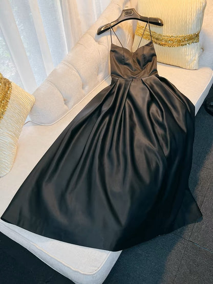 Simple A line Straps Black Satin Long Prom Dresses Simple Party Dress C1841