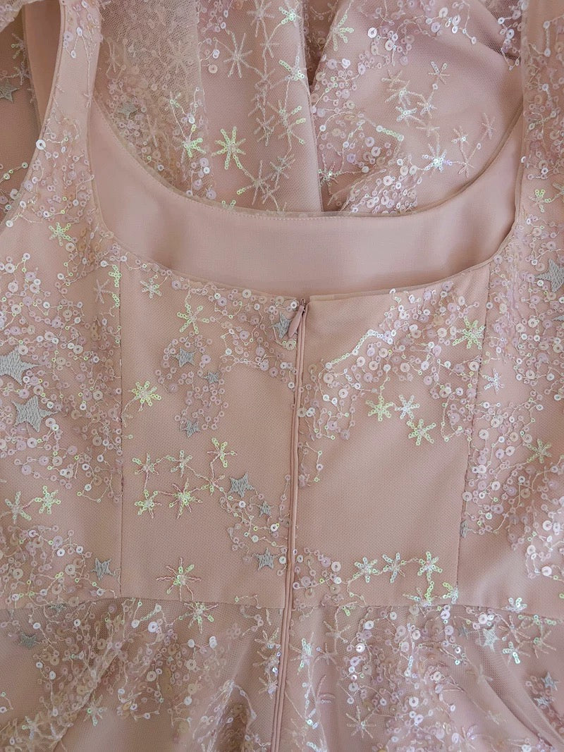 Robe de soirée sexy à paillettes roses et bretelles en forme de A C1844