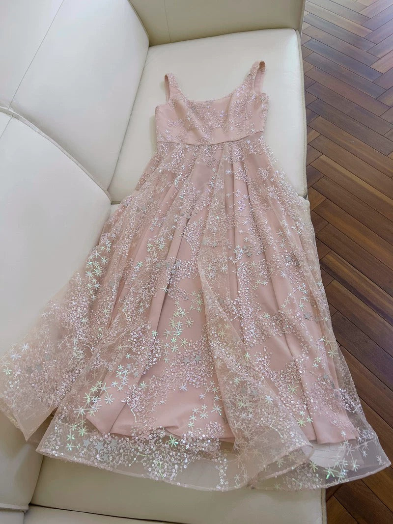 Robe de soirée sexy à paillettes roses et bretelles en forme de A C1844