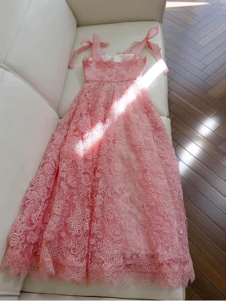 Elegant A line Straps Pink Lace Prom Dresses Sexy Evening Dress With Bows C1845