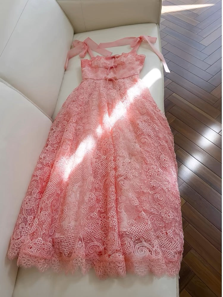 Elegant A line Straps Pink Lace Prom Dresses Sexy Evening Dress With Bows C1845