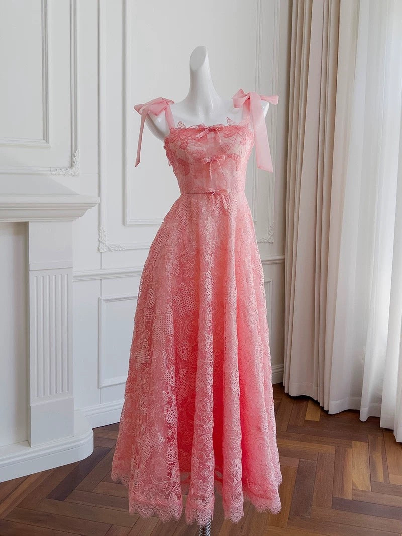 Robe de soirée sexy en dentelle rose à bretelles en forme de A avec nœuds C1845