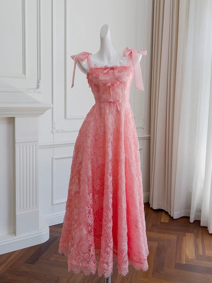 Elegant A line Straps Pink Lace Prom Dresses Sexy Evening Dress With Bows C1845