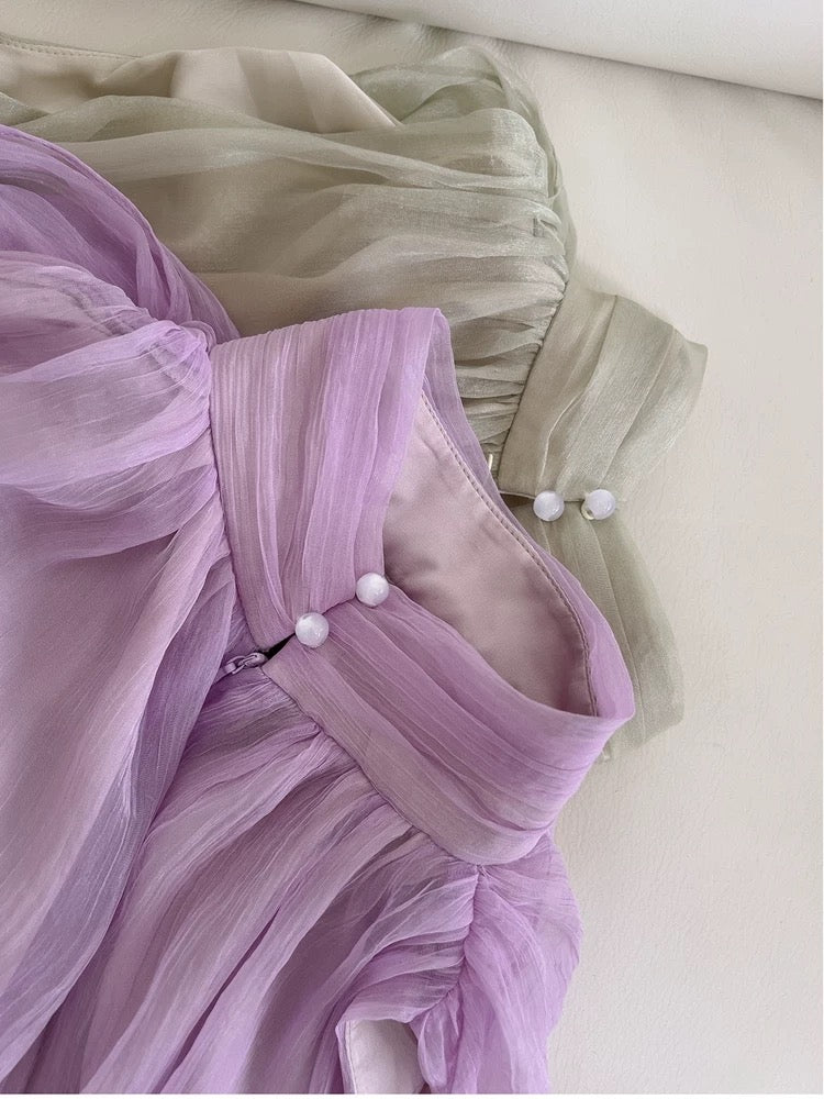 Robe de soirée élégante en mousseline de soie lilas à col haut avec rubans C1847