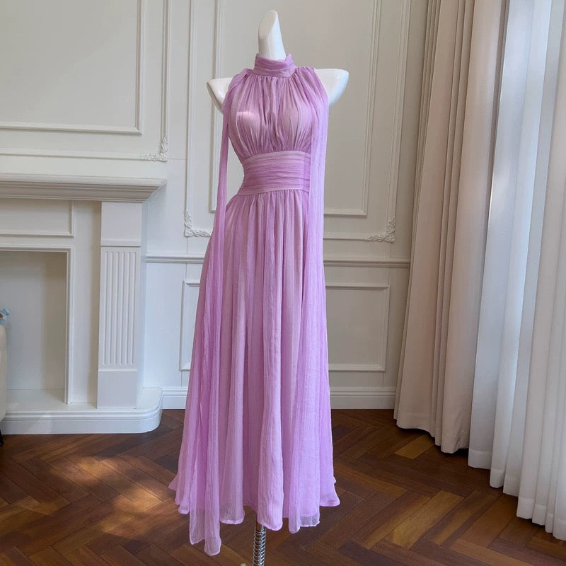 Elegant A line High Neckline Chiffon Lilac Prom Dresses Evening Dress With Ribbons C1847