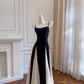 Elegant A line Spaghetti Straps Black Chiffon Prom Dresses Evening Dress C1848