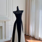 Elegant A line Spaghetti Straps Black Chiffon Prom Dresses Evening Dress C1848