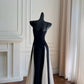 Elegant A line Spaghetti Straps Black Chiffon Prom Dresses Evening Dress C1848