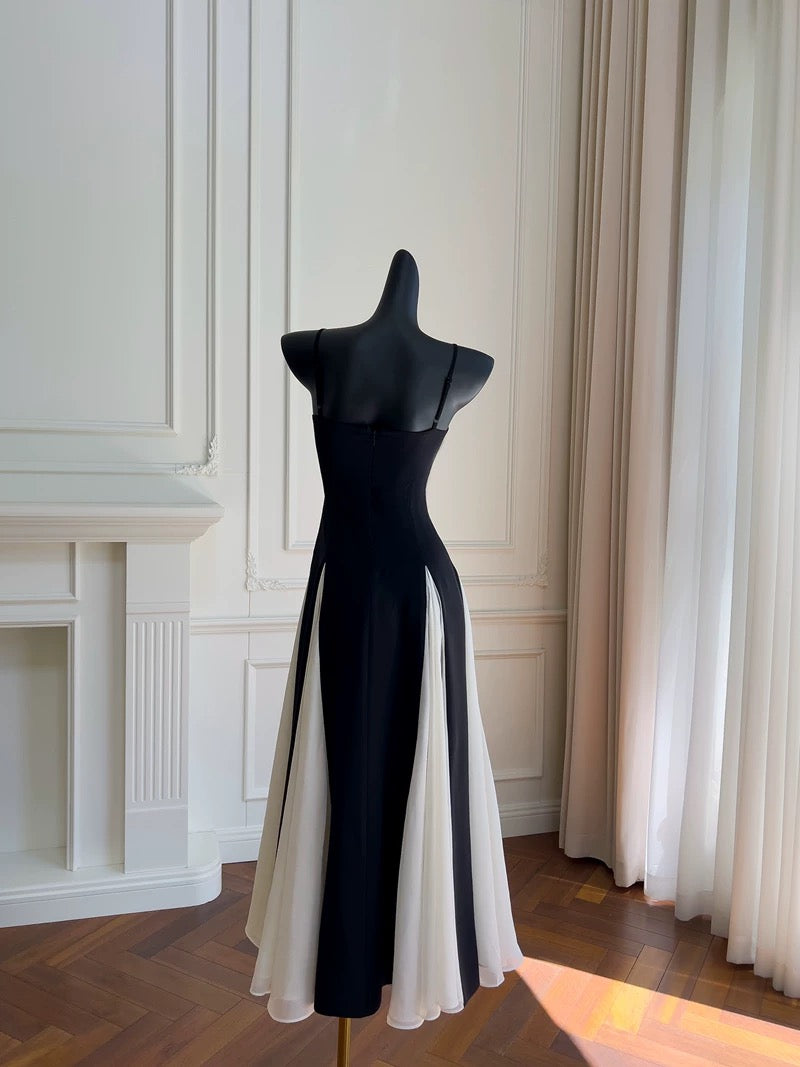 Elegant A line Spaghetti Straps Black Chiffon Prom Dresses Evening Dress C1848