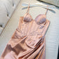 Simple A Line Spaghetti Straps Satin Slit Blush Pink Prom Dress C1853