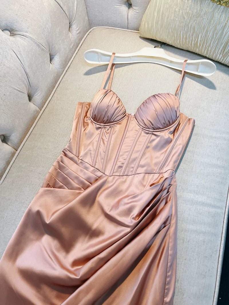 Simple A Line Spaghetti Straps Satin Slit Blush Pink Prom Dress C1853