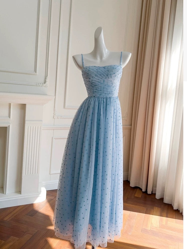 Robe de soirée simple à bretelles spaghetti en tulle bleu avec ligne A C1854