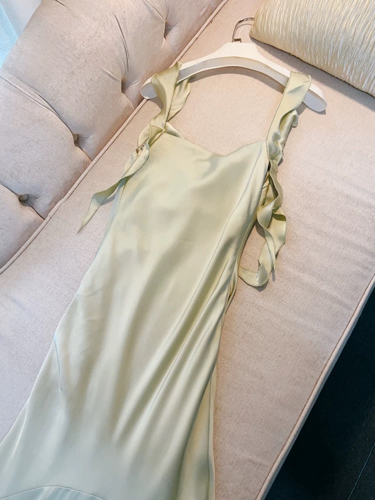 Simple Sheath Straps Sleeveless Silk Satin Sage Green Prom Dress Evening Dresses C1856