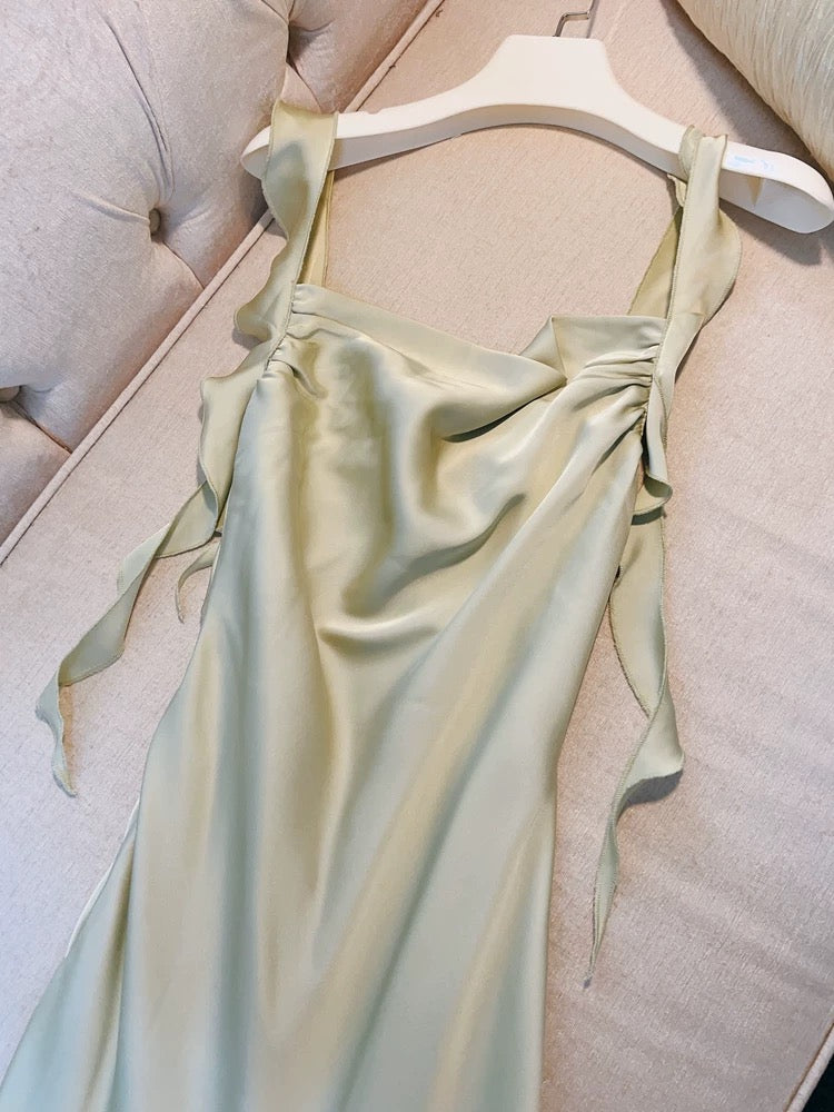 Simple Sheath Straps Sleeveless Silk Satin Sage Green Prom Dress Evening Dresses C1856