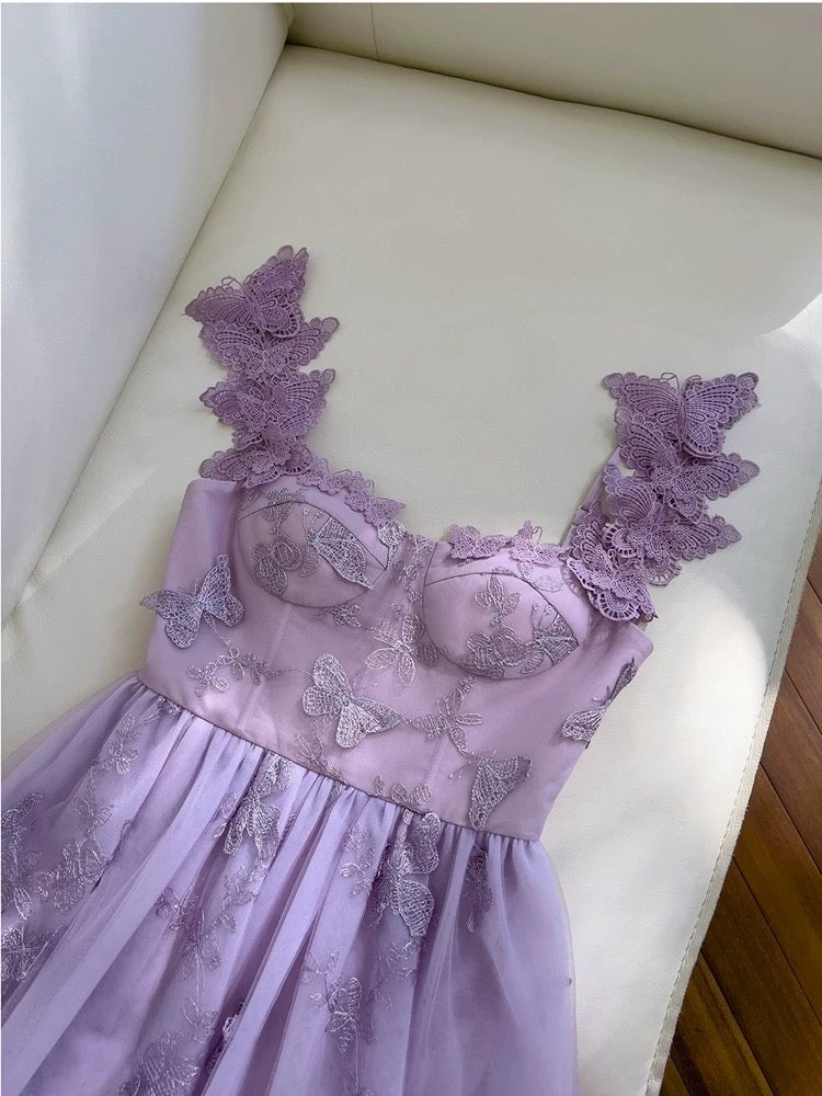 Robe de soirée élégante en dentelle lilas à bretelles trapèze sans manches C1858