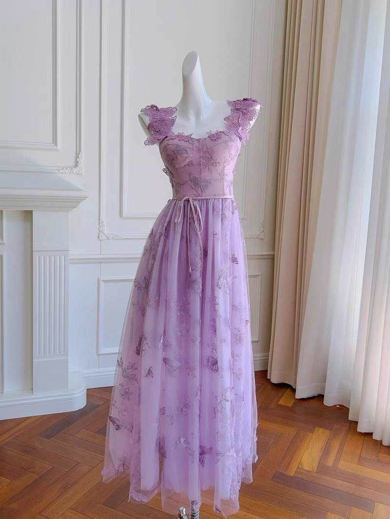 Robe de soirée élégante en dentelle lilas à bretelles trapèze sans manches C1858