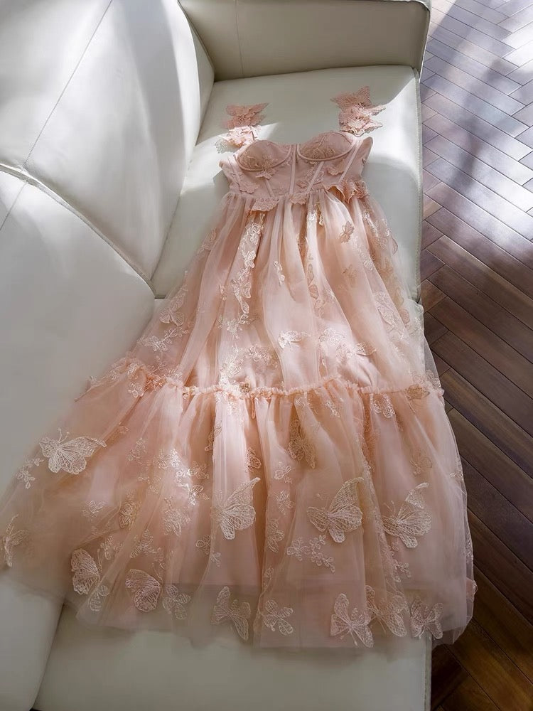 Elegant A Line Straps Sleeveless Blush Pink Lace Prom Dress Evening Dresses C1859