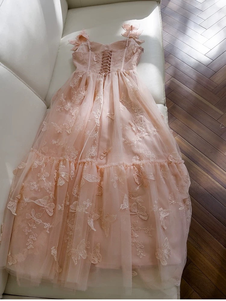 Robe de soirée élégante en dentelle rose blush à bretelles trapèze sans manches C1859