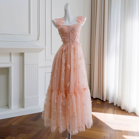 Robe de soirée élégante en dentelle rose blush à bretelles trapèze sans manches C1859