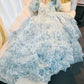 Elegant Princess Sweetheart Short Sleeves Blue Flora Prom Dress Evening Dresses C1861