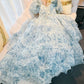 Elegant Princess Sweetheart Short Sleeves Blue Flora Prom Dress Evening Dresses C1861