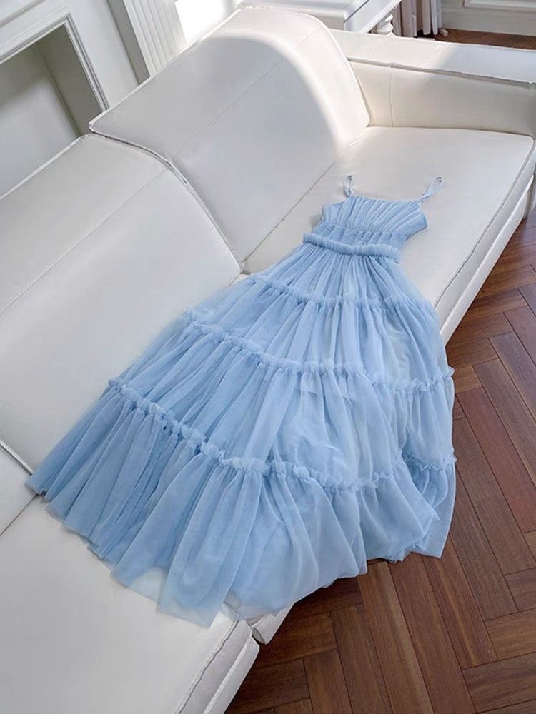 Robe de soirée simple en tulle bleu sans manches, coupe A, C1862