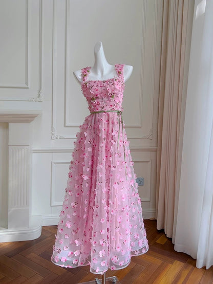 Robe de soirée modeste en tulle rose à bretelles en ligne A sans manches C1865