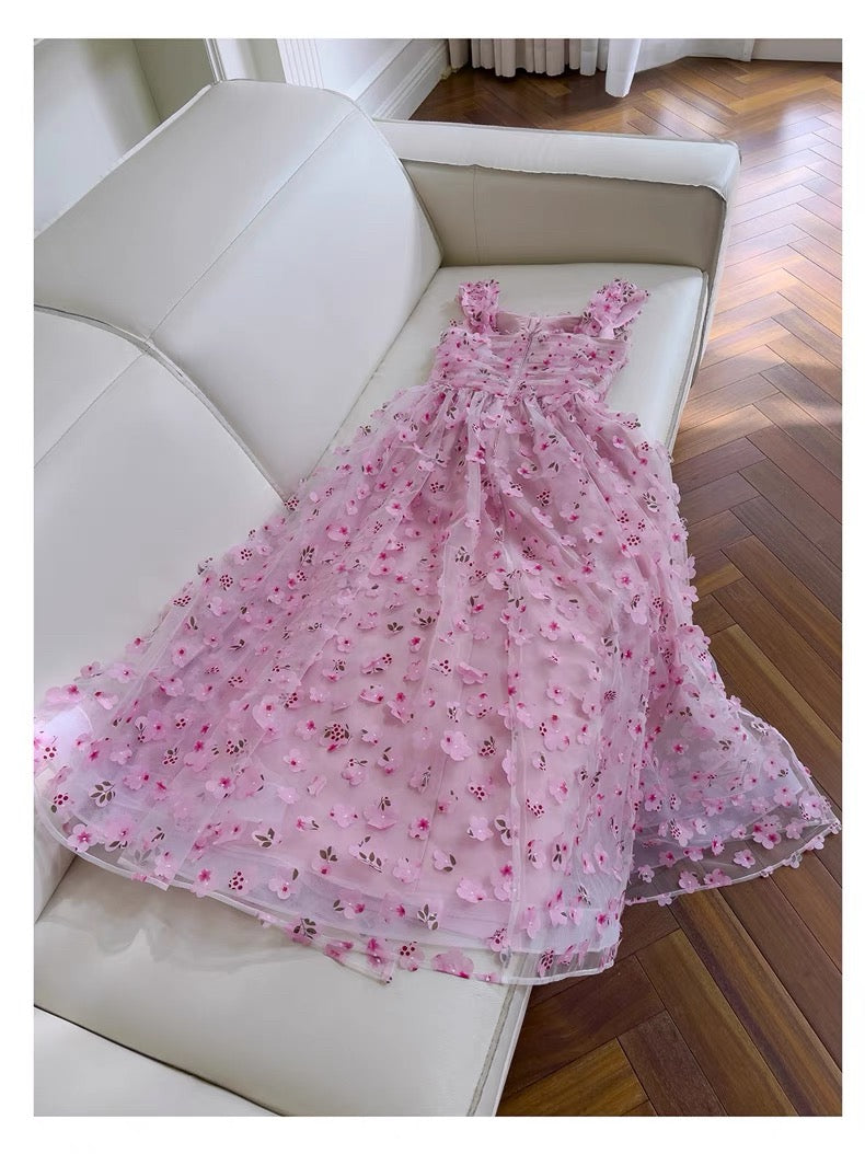 Robe de soirée modeste en tulle rose à bretelles en ligne A sans manches C1865