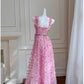 Robe de soirée modeste en tulle rose à bretelles en ligne A sans manches C1865