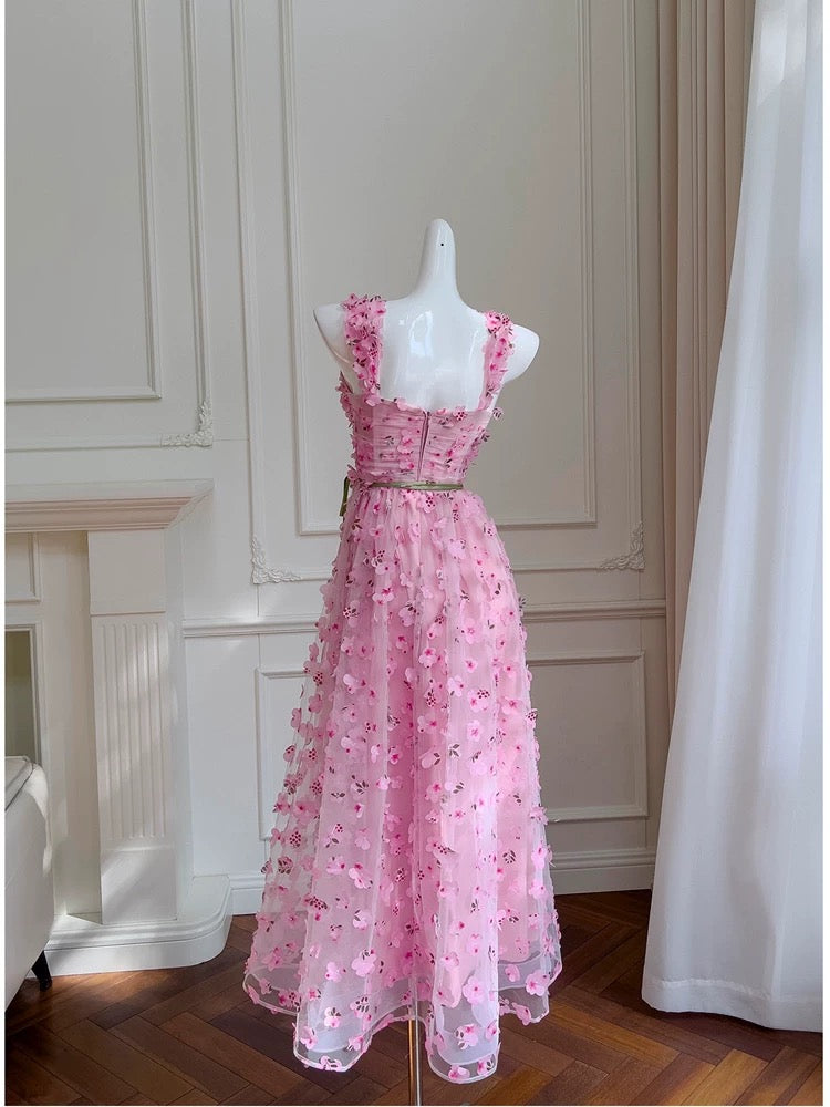 Robe de soirée modeste en tulle rose à bretelles en ligne A sans manches C1865