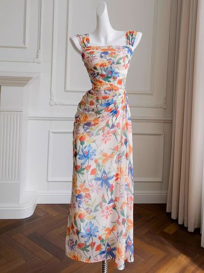 Robe de bal longue sexy à imprimé floral sans manches C1867