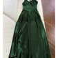 Sexy A Line Halter Sleeveless Green Satin Prom Dresses C1870