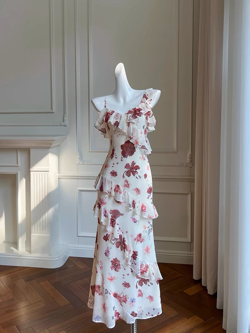 Robe de bal sexy à bretelles spaghetti sans manches et motif floral C1875