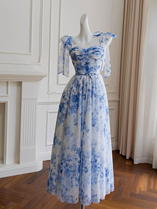 Robe de bal sexy en mousseline de soie bleue à bretelles spaghetti sans manches et coupe trapèze C1876