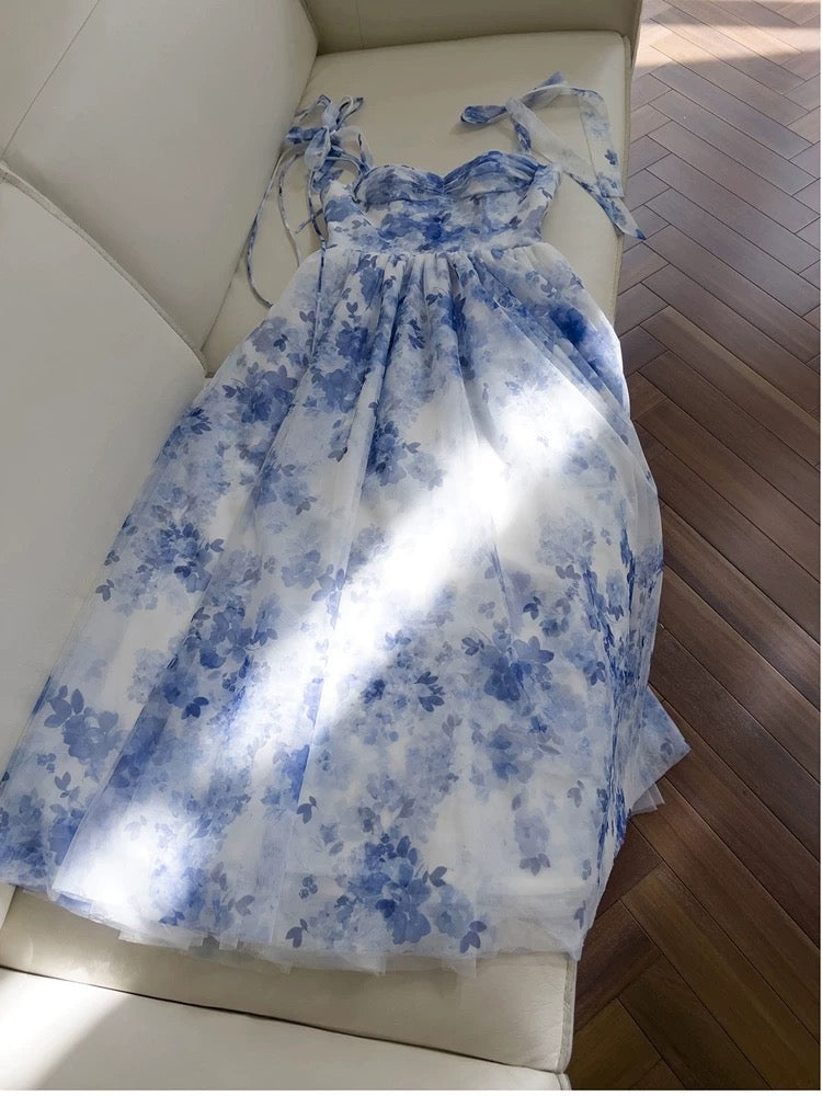 Sexy A line Spaghetti Straps Sleeveless Floral Blue Chiffon Prom Dresses C1876