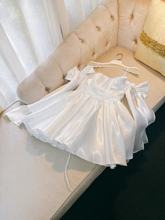 Cute A line Spaghetti Straps Bowknot White Short Homecoming Dress Birthday Dresses C1878