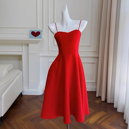 Simple A line Spaghetti Straps Red Knee Length Homecoming Dress Birthday Dresses C1881