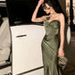 Sexy Sheath Spaghetti Straps Sleeveless Green Silk Satin Long Prom Dresses C1884