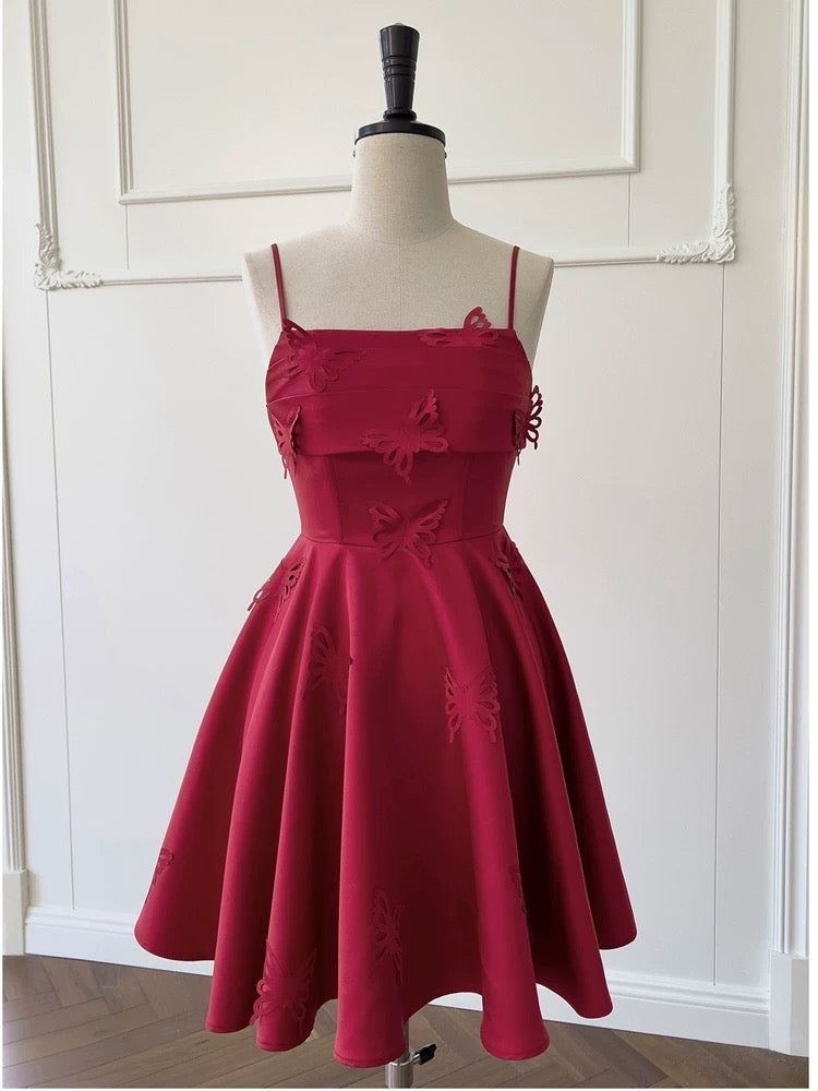 Simple A line Straps Burgundy ShortHomecoming Dress Birthday Dresses With Butterfly C1886