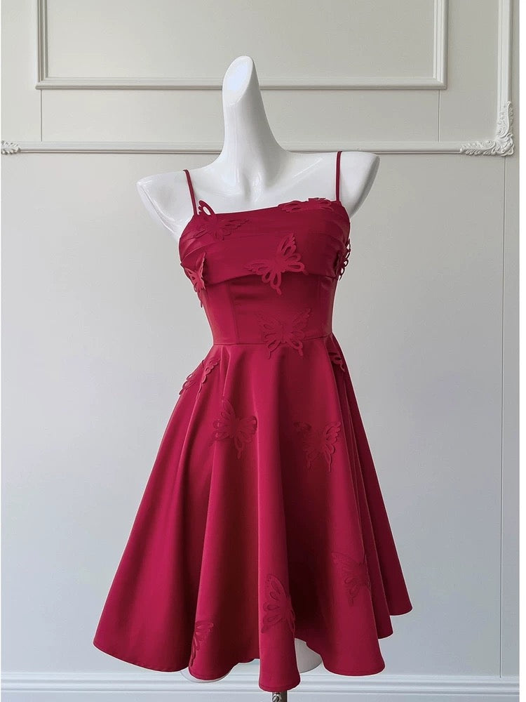 Simple A line Straps Burgundy ShortHomecoming Dress Birthday Dresses With Butterfly C1886