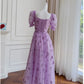 Vintage A line V Neckline Short Sleeves Lilac Tulle Flowers Prom Dress Evening Dresses C1887