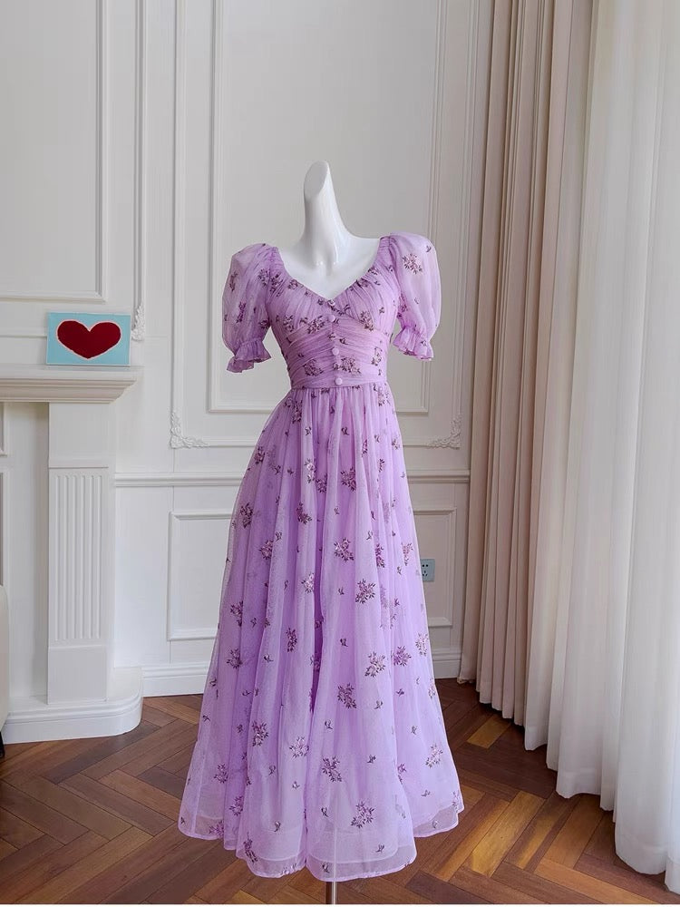 Vintage A line V Neckline Short Sleeves Lilac Tulle Flowers Prom Dress Evening Dresses C1887