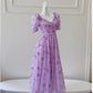 Vintage A line V Neckline Short Sleeves Lilac Tulle Flowers Prom Dress Evening Dresses C1887