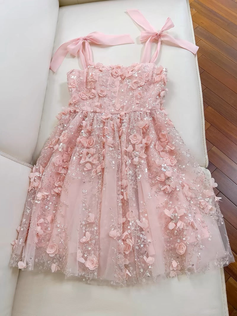 Fairytale A line Spagetti Straps Pink Short Lace Flowers Homecoming Dress Birthday Dresses C1889