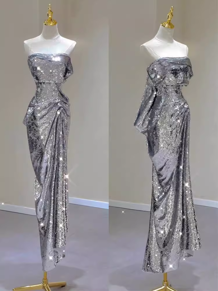 Sexy Mermaid Strapless Silver Sequin Long Prom Dress C188