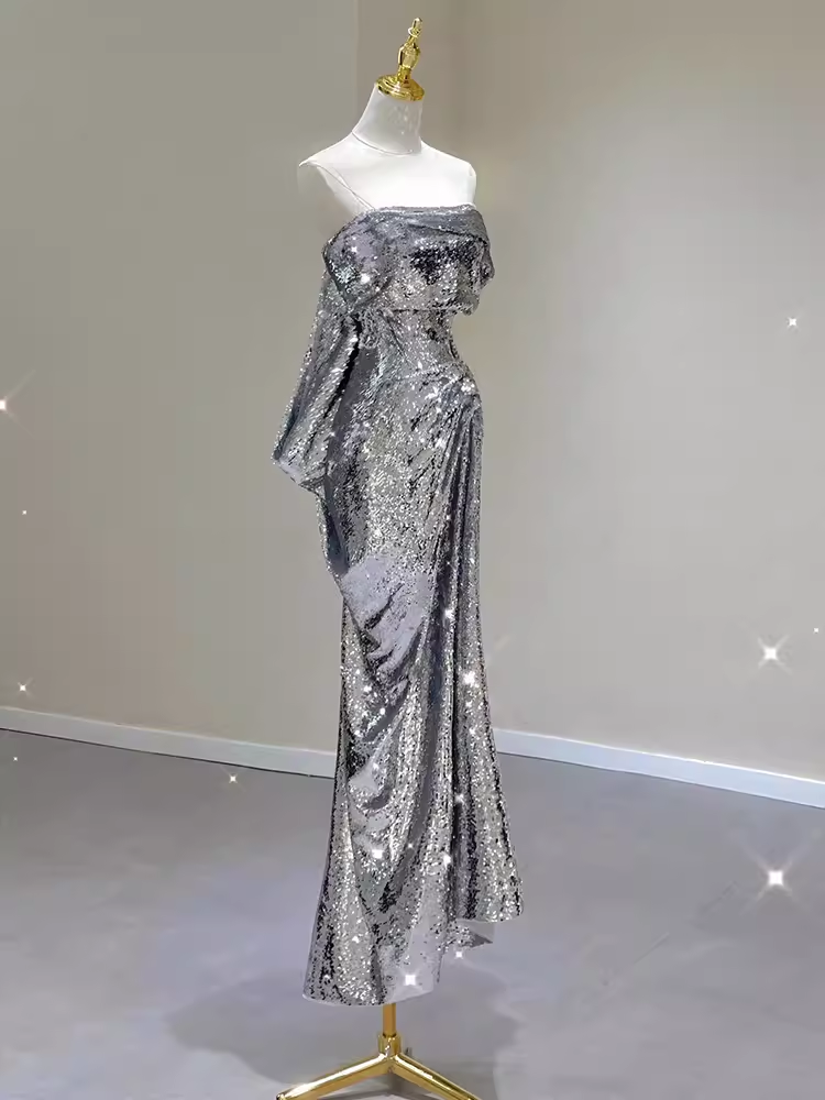 Robe de bal longue sirène sexy sans bretelles en paillettes argentées C188