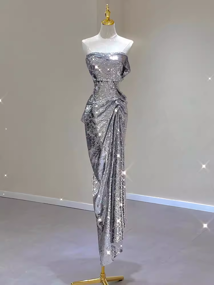 Sexy Mermaid Strapless Silver Sequin Long Prom Dress C188